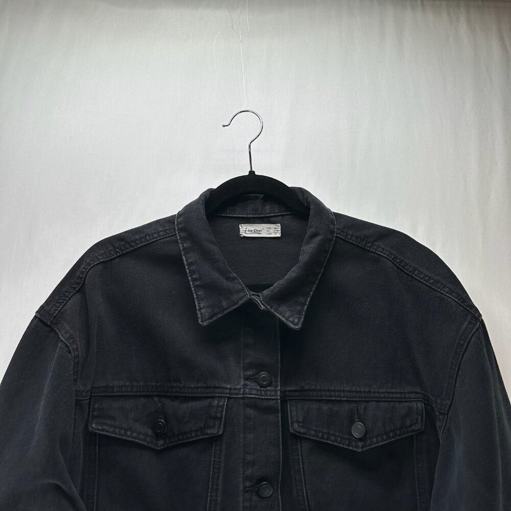Elia Cher Cropped Denim Jacket Womens XL Pockets Frayed Hem Biker Grunge Black - Picture 4 of 13